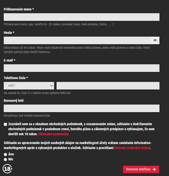 Synot Tip registrácia – formulár