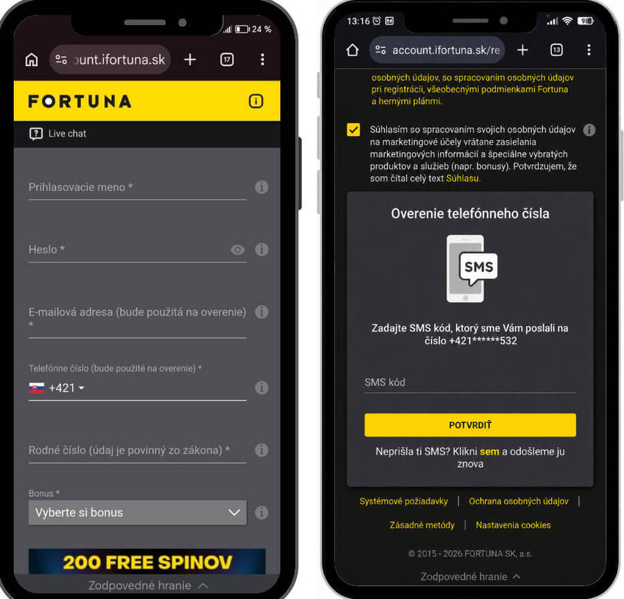 Fortuna registrácia krok prvý