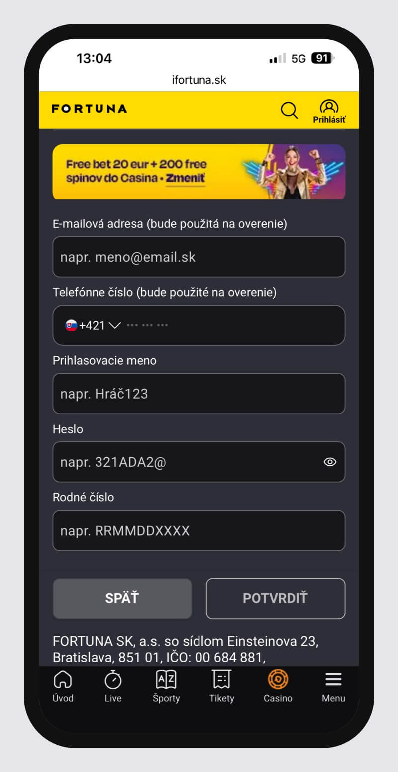 Fortuna registračný formulár