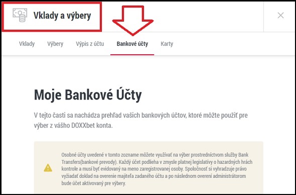 Doxxbet - Pridanie bankového účtu