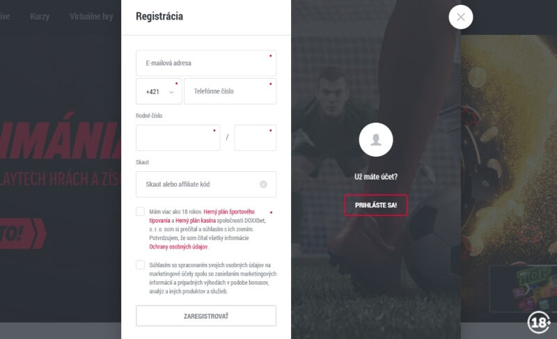 Prvý krok registrácie v&nbsp;online kasíne DOXXbet