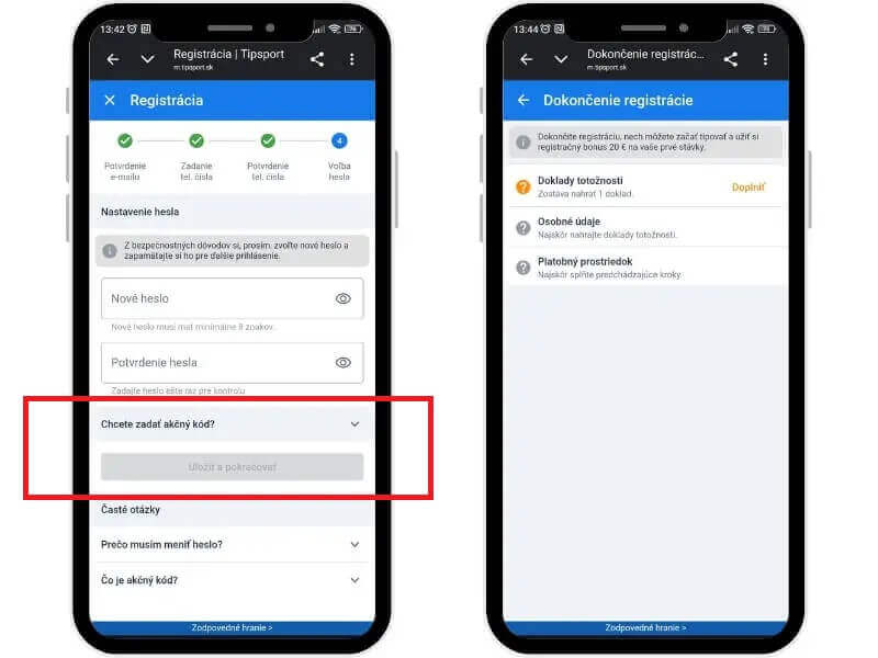 Tipsport akčný kód – uplatnenie počas registrácie