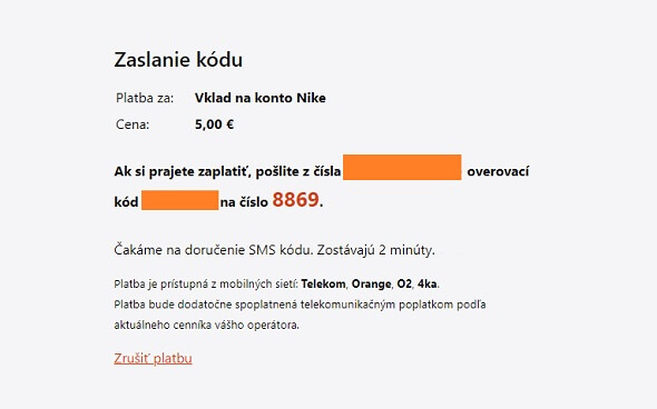 SMS kód pre platbu v Niké