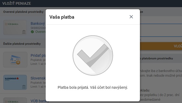 Potvrdenie o úspešnom vklade rýchlym bankovým prevodom v Tipsporte