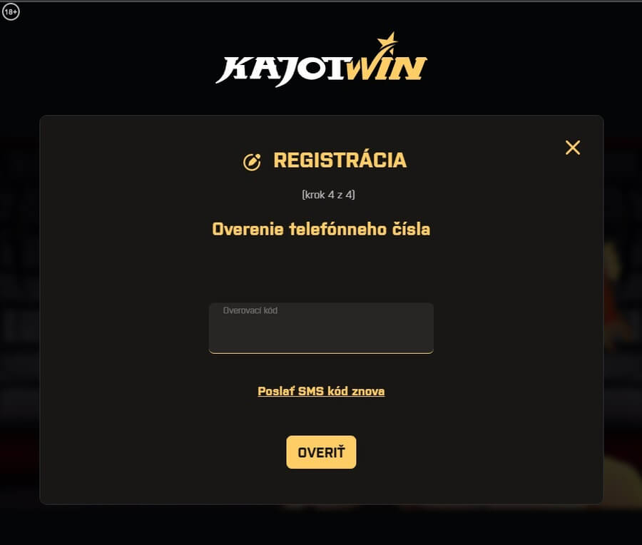 Kajot Win online registrácia - Overenie telefónu