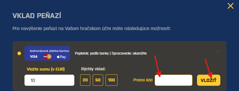 Vklad promo kódu pri&nbsp;vklade