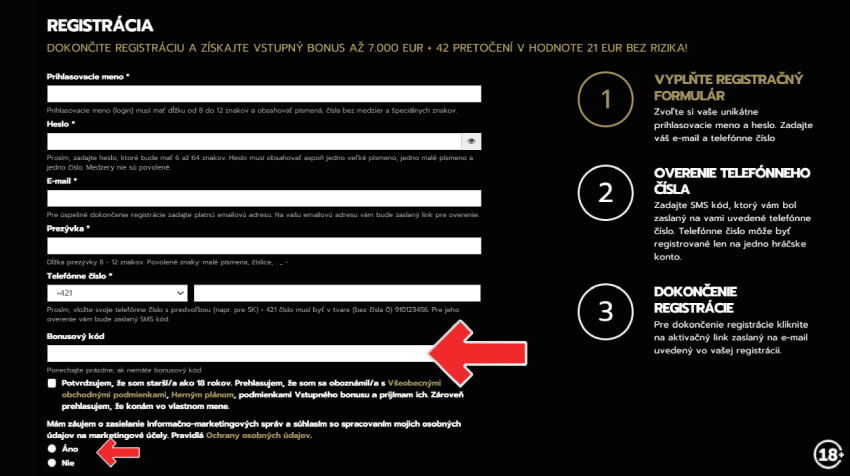 Registračný formulár casina Slovmatic – ako vložiť bonusový kód