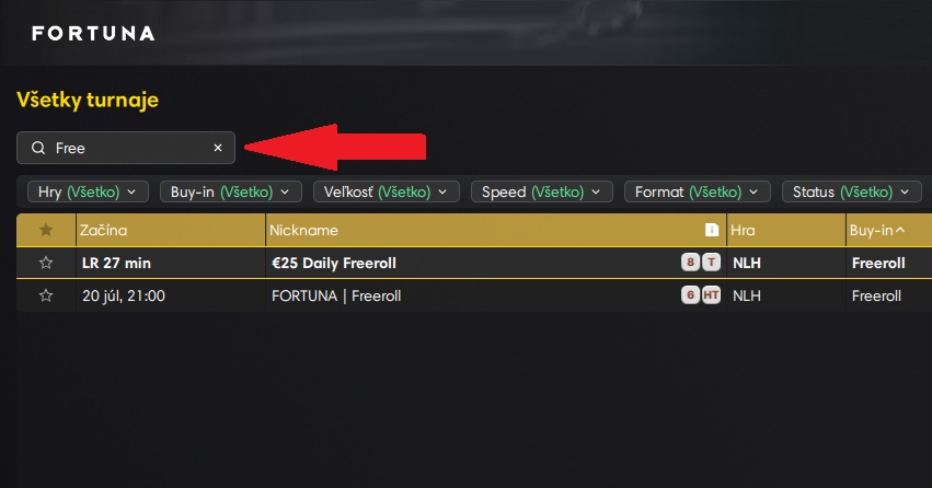 Fortuna freerolly cez&nbsp;vyhľadávač